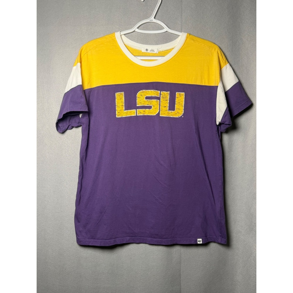 47 Brand LSU Tigers T-Shirt Womens Large Purple Yellow Colorblock Cotton Tee